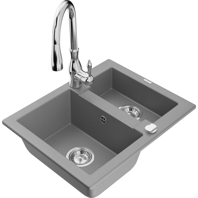 Mexen Carlos 1.5-bowl granite sink with Savita kitchen faucet, gray - 6518-71-672601-00