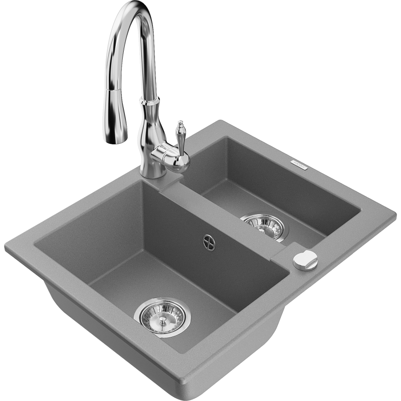 Mexen Carlos 1,5-compartment granite sink with a kitchen mixer tap Savita, Grey - 6518-71-672601-00