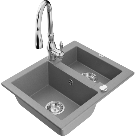Mexen Carlos 1.5-bowl granite sink with Savita kitchen faucet, gray - 6518-71-672601-00