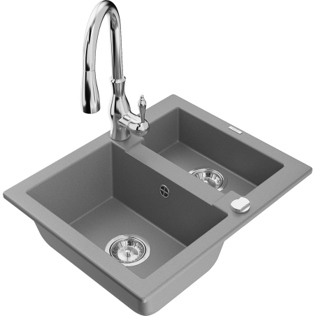 Mexen Carlos 1,5-compartment granite sink with a kitchen mixer tap Savita, Grey - 6518-71-672601-00
