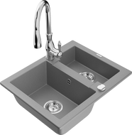 Mexen Carlos granite sink 1.5-bowl with Savita kitchen tap, grey - 6518-71-672601-00
