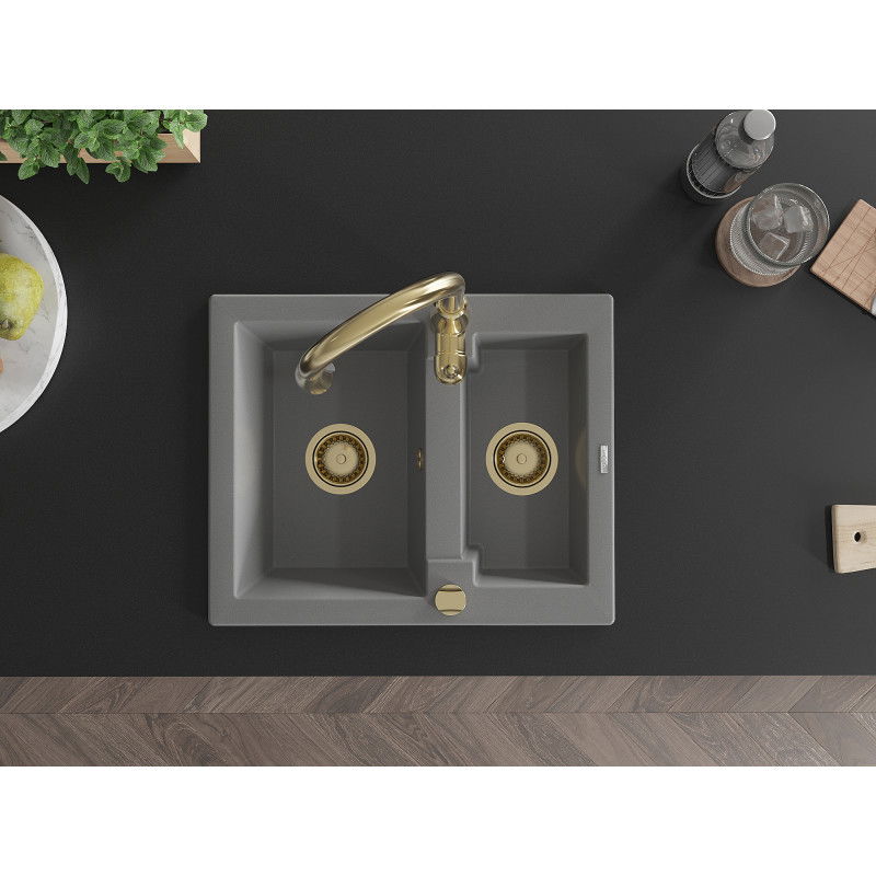 Mexen Carlos granite sink 1.5-bowl with Savita kitchen tap, grey - 6518-71-672601-50