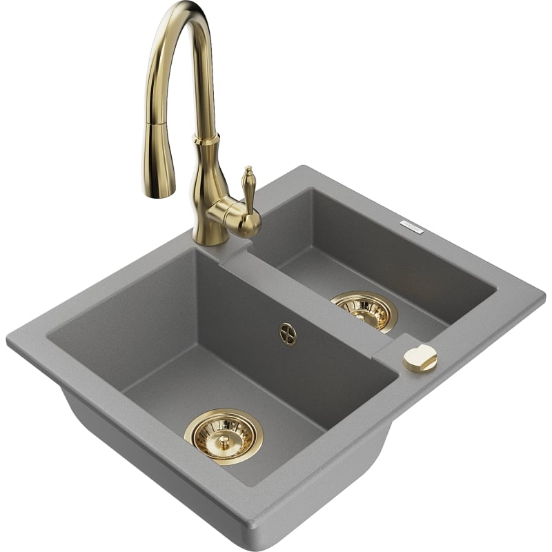 Mexen Carlos 1.5-bowl granite sink with Savita kitchen faucet, gray - 6518-71-672601-50