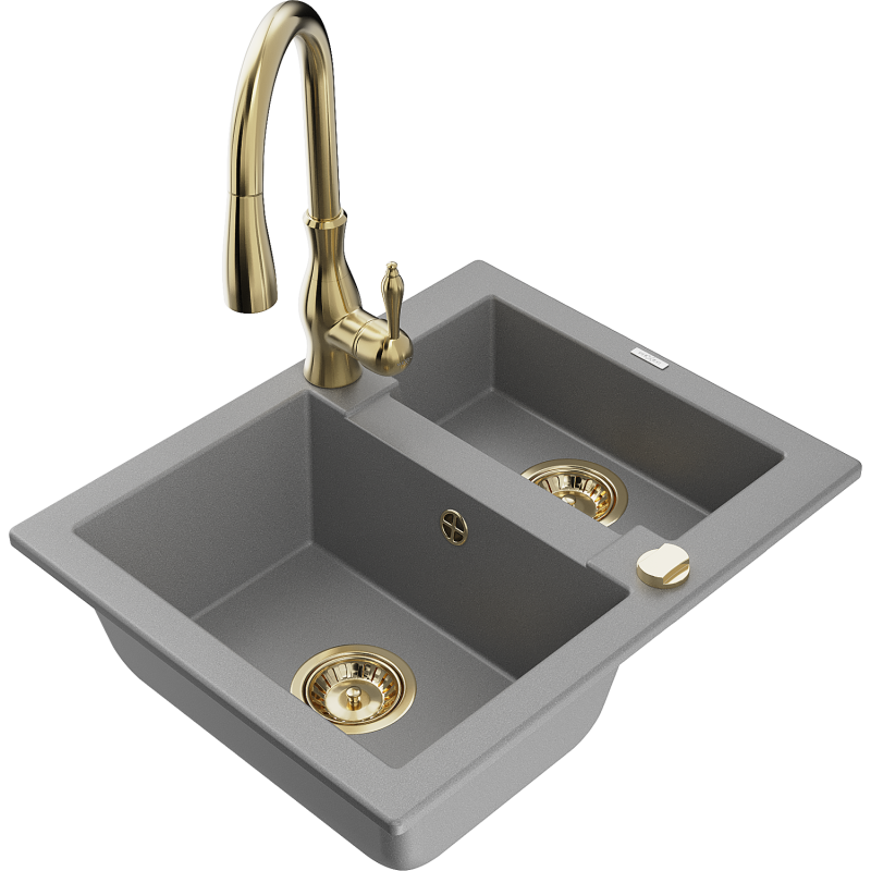 Mexen Carlos 1,5-compartment granite sink with a kitchen mixer tap Savita, Grey - 6518-71-672601-50