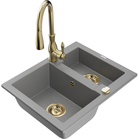 Mexen Carlos 1.5-bowl granite sink with Savita kitchen faucet, gray - 6518-71-672601-50
