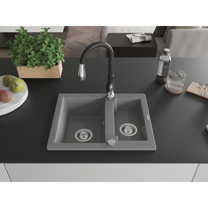 Mexen Carlos granite sink 1.5-bowl with Savita kitchen tap, grey - 6518-71-672601-70