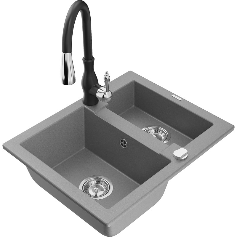 Mexen Carlos 1.5-chamber granite sink with Savita kitchen faucet, gray - 6518-71-672601-70