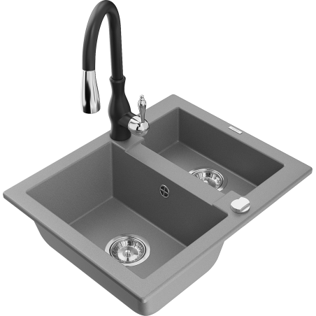 Mexen Carlos 1.5-chamber granite sink with Savita kitchen faucet, gray - 6518-71-672601-70