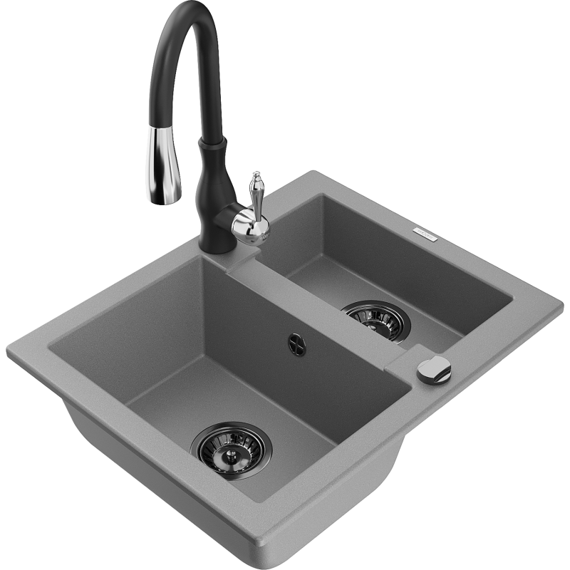 Mexen Carlos 1,5-compartment granite sink with a kitchen mixer tap Savita, Grey - 6518-71-672601-70-B