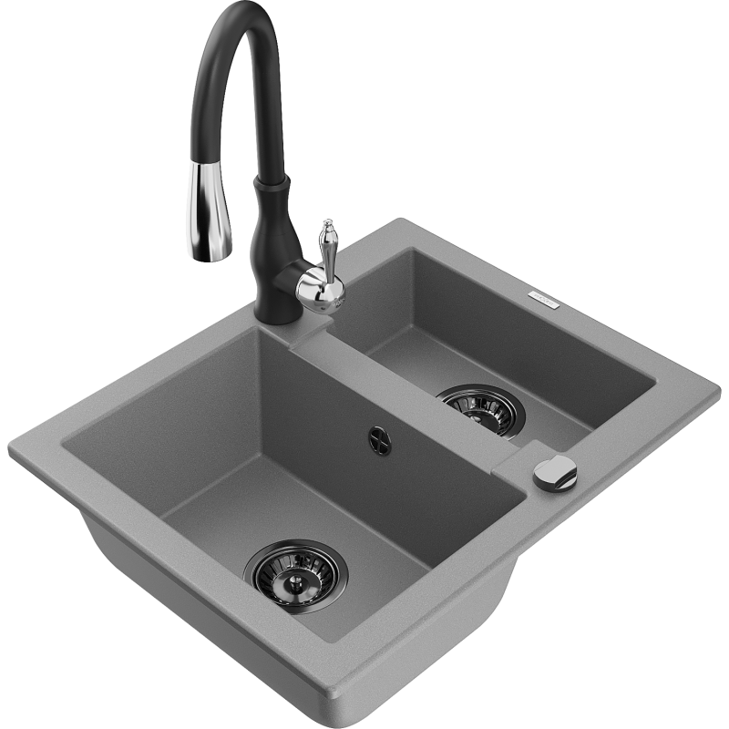 Mexen Carlos granite sink 1.5-bowl with Savita kitchen faucet, grey - 6518-71-672601-70-B
