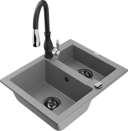 Mexen Carlos granite sink 1.5-bowl with Savita kitchen faucet, grey - 6518-71-672601-70-B