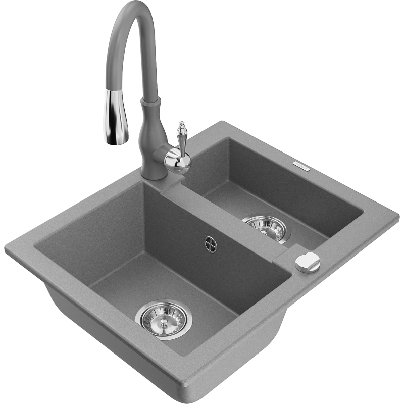 Mexen Carlos 1,5-compartment granite sink with a kitchen mixer tap Savita, Grey - 6518-71-672601-71