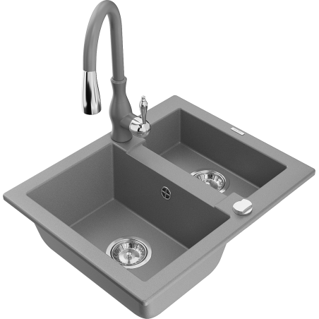 Mexen Carlos granite sink 1.5-bowl with Savita kitchen faucet, gray - 6518-71-672601-71