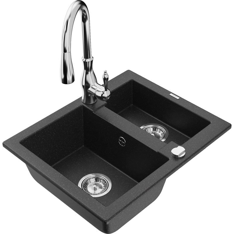 Mexen Carlos 1.5-bowl granite sink with Savita kitchen faucet, black/silver metallic - 6518-73-672601-00