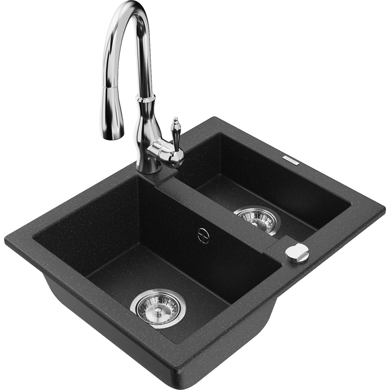 Mexen Carlos granite sink 1.5-bowl with Savita kitchen faucet, black/silver metallic - 6518-73-672601-00