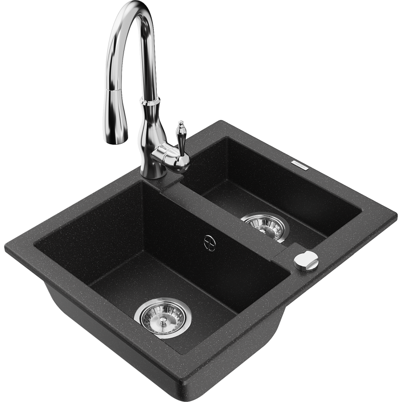 Mexen Carlos granite sink 1.5-bowl with Savita kitchen tap, black/silver metallic - 6518-73-672601-00