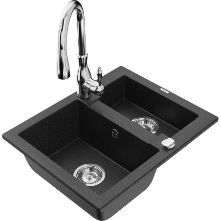Mexen Carlos granite sink 1.5-bowl with Savita kitchen faucet, black/silver metallic - 6518-73-672601-00