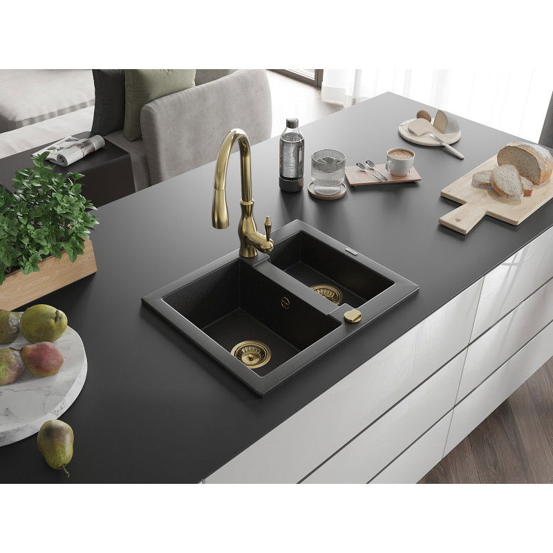 Mexen Carlos granite sink 1.5-bowl with Savita kitchen tap, black/silver metallic - 6518-73-672601-50