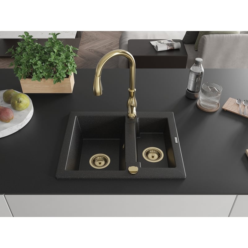 Mexen Carlos granite sink 1.5-bowl with Savita kitchen faucet, black/silver metallic - 6518-73-672601-50