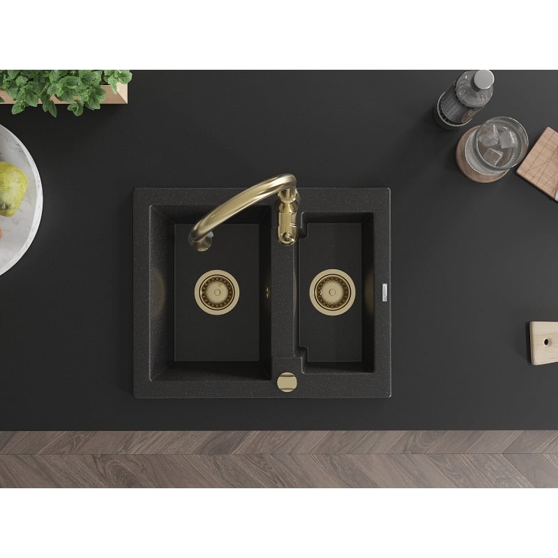 Mexen Carlos granite sink 1.5-bowl with Savita kitchen faucet, black/silver metallic - 6518-73-672601-50