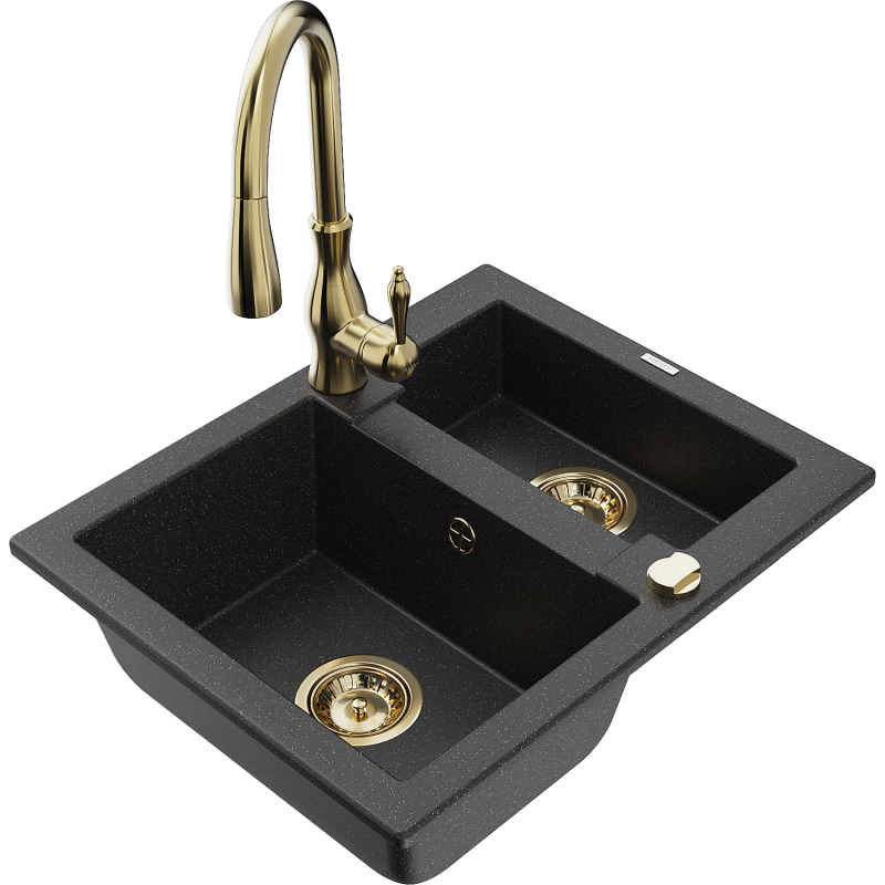 Mexen Carlos 1,5-compartment granite sink with a kitchen mixer tap Savita, Black/Silver metallic - 6518-73-672601-50