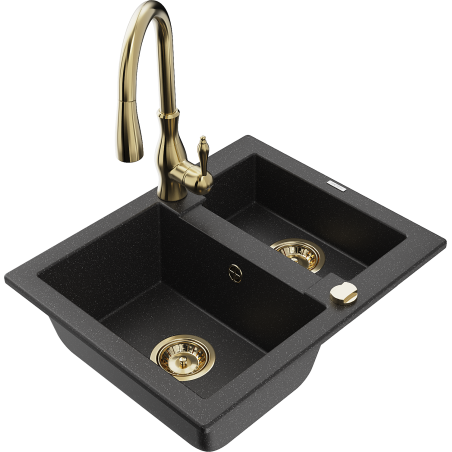 Mexen Carlos granite sink 1.5-bowl with Savita kitchen faucet, black/silver metallic - 6518-73-672601-50