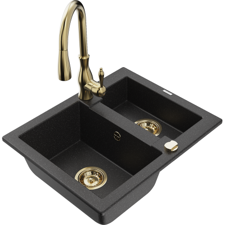 Mexen Carlos granite sink 1.5-bowl with Savita kitchen tap, black/silver metallic - 6518-73-672601-50