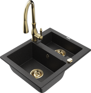 Mexen Carlos granite sink 1.5-bowl with Savita kitchen tap, black/silver metallic - 6518-73-672601-50