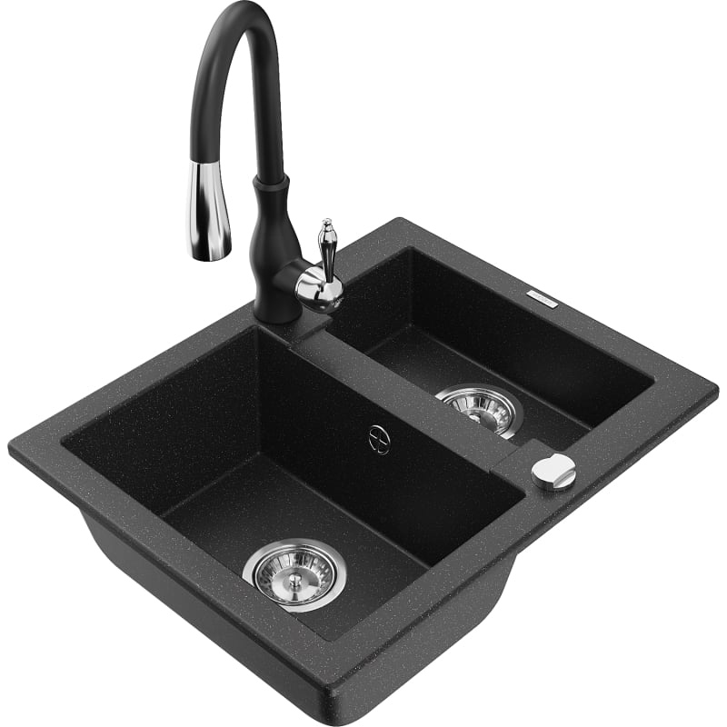 Mexen Carlos granite sink 1.5-bowl with Savita kitchen faucet, black/silver metallic - 6518-73-672601-70