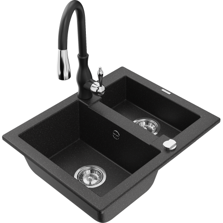 Mexen Carlos granite kitchen sink 1.5-bowl with Savita kitchen faucet, black/silver metallic - 6518-73-672601-70
