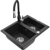 Mexen Carlos granite sink 1.5-bowl with Savita kitchen faucet, black/silver metallic - 6518-73-672601-70
