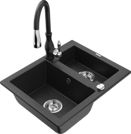 Mexen Carlos granite kitchen sink 1.5-bowl with Savita kitchen faucet, black/silver metallic - 6518-73-672601-70