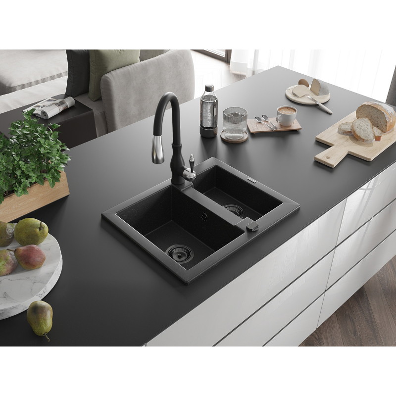 Mexen Carlos granite kitchen sink 1.5-bowl with Savita kitchen faucet, black/silver metallic - 6518-73-672601-70-B