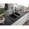 Mexen Carlos granite kitchen sink 1.5-bowl with Savita kitchen faucet, black/silver metallic - 6518-73-672601-70-B