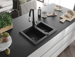 Mexen Carlos granite sink 1.5-bowl with kitchen faucet Savita, black/silver metallic - 6518-73-672601-70-B