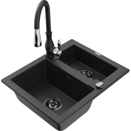Mexen Carlos granite kitchen sink 1.5-bowl with Savita kitchen faucet, black/silver metallic - 6518-73-672601-70-B