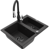 Mexen Carlos granite kitchen sink 1.5-bowl with Savita kitchen faucet, black/silver metallic - 6518-73-672601-70-B