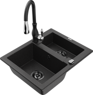 Mexen Carlos granite sink 1.5-bowl with Savita kitchen tap, black/silver metallic - 6518-73-672601-70-B