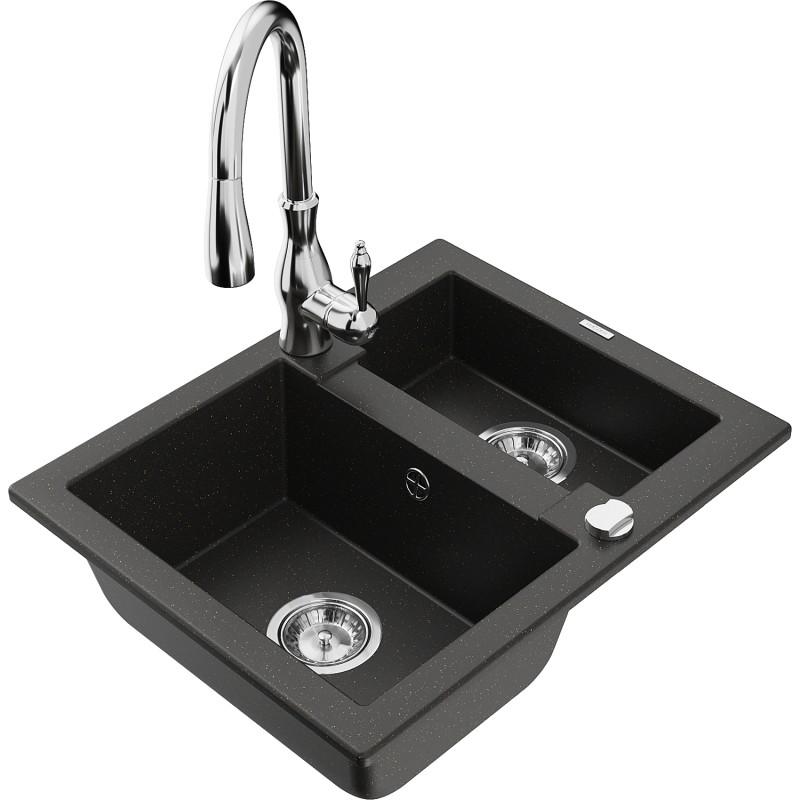 Mexen Carlos 1.5-bowl granite sink with Savita kitchen faucet, black/gold metallic - 6518-75-672601-00