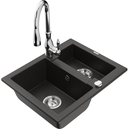 Mexen Carlos 1.5-bowl granite sink with Savita kitchen faucet, black/gold metallic - 6518-75-672601-00