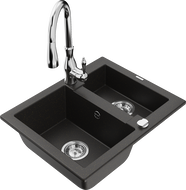 Mexen Carlos 1.5-bowl granite sink with Savita kitchen faucet, black/gold metallic - 6518-75-672601-00