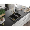 Mexen Carlos granite sink 1.5-bowl with Savita kitchen faucet, black/gold metallic - 6518-75-672601-50