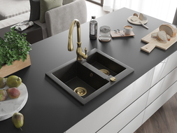 Mexen Carlos granite sink 1.5-bowl with Savita kitchen tap, black/gold metallic - 6518-75-672601-50