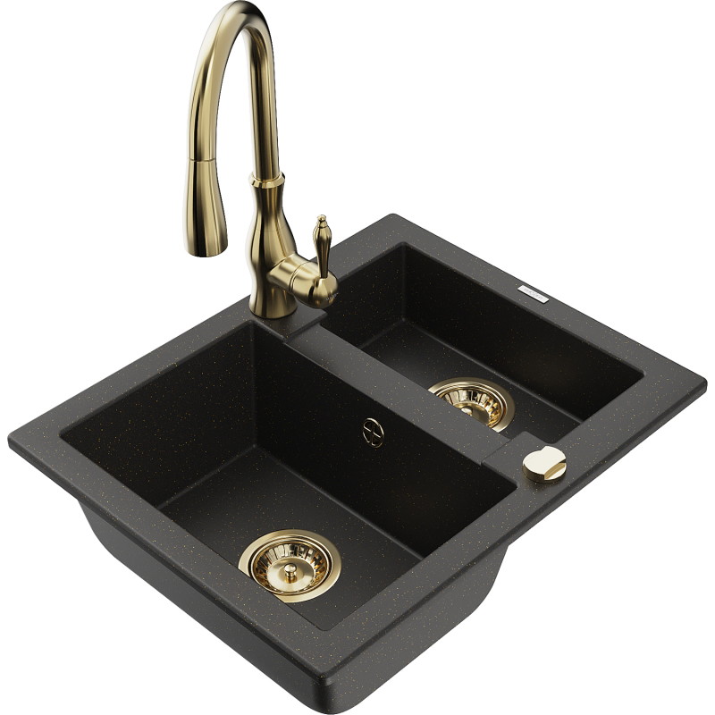 Mexen Carlos granite sink 1.5-bowl with Savita kitchen faucet, black/gold metallic - 6518-75-672601-50