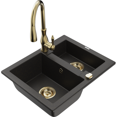 Mexen Carlos granite sink 1.5-bowl with Savita kitchen tap, black/gold metallic - 6518-75-672601-50