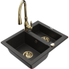 Mexen Carlos granite sink 1.5-bowl with Savita kitchen faucet, black/golden metallic - 6518-75-672601-50