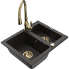 Mexen Carlos granite sink 1.5-bowl with Savita kitchen tap, black/gold metallic - 6518-75-672601-50