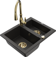 Mexen Carlos granite sink 1.5-bowl with Savita kitchen faucet, black/golden metallic - 6518-75-672601-50