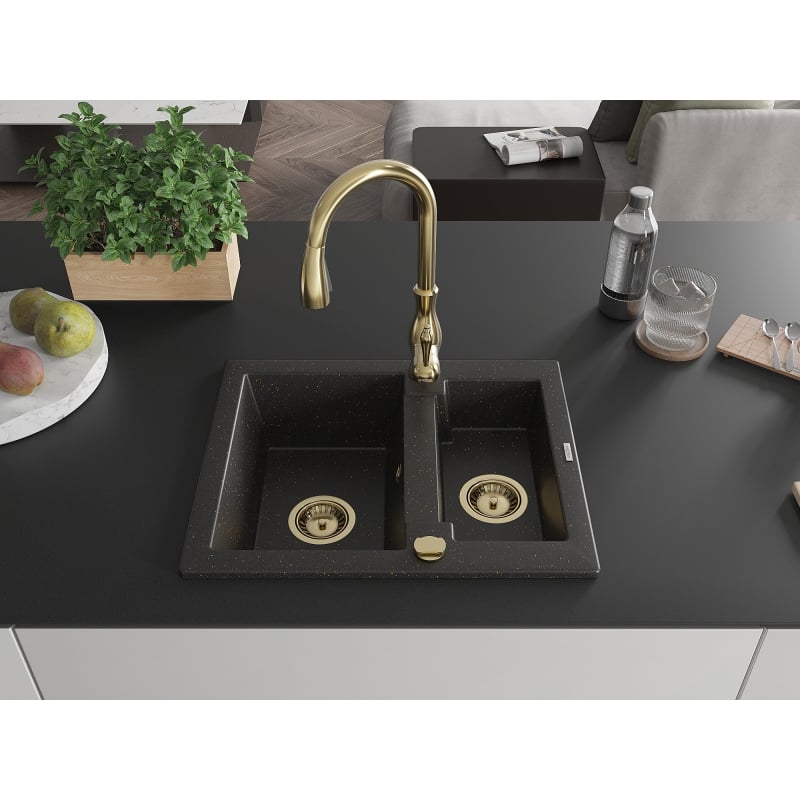 Mexen Carlos granite sink 1.5-bowl with Savita kitchen faucet, black/gold metallic - 6518-75-672601-50