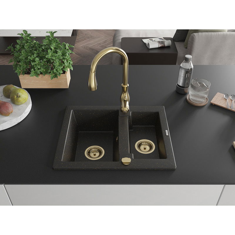 Mexen Carlos granite sink 1.5-bowl with Savita kitchen tap, black/gold metallic - 6518-75-672601-50